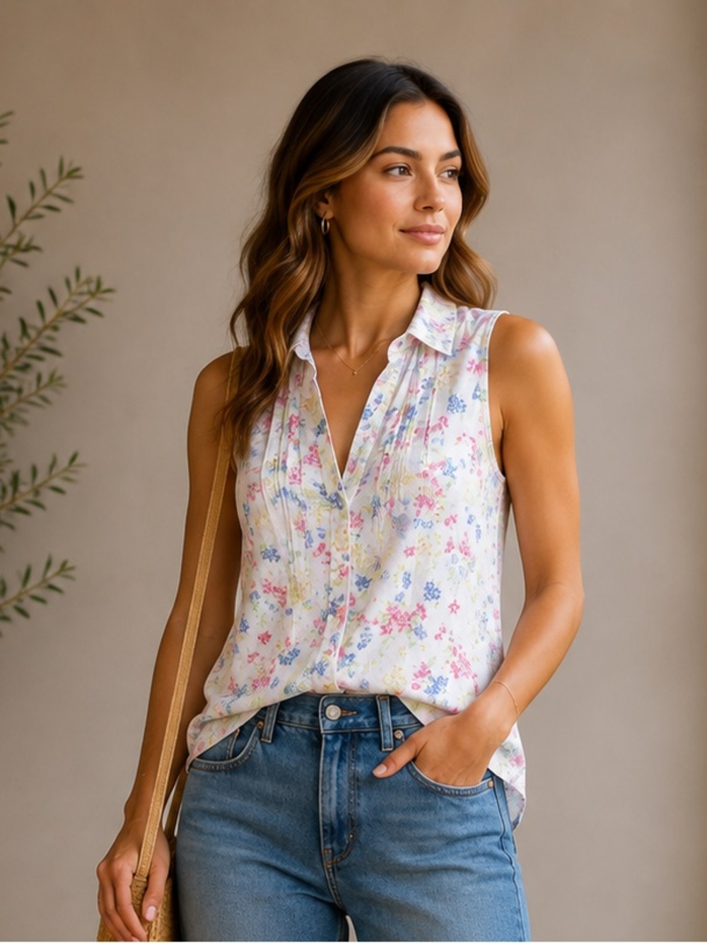 J. McLaughlin 100% Linen Collared Button Down Shirt Sleeveless Floral Pattern 4